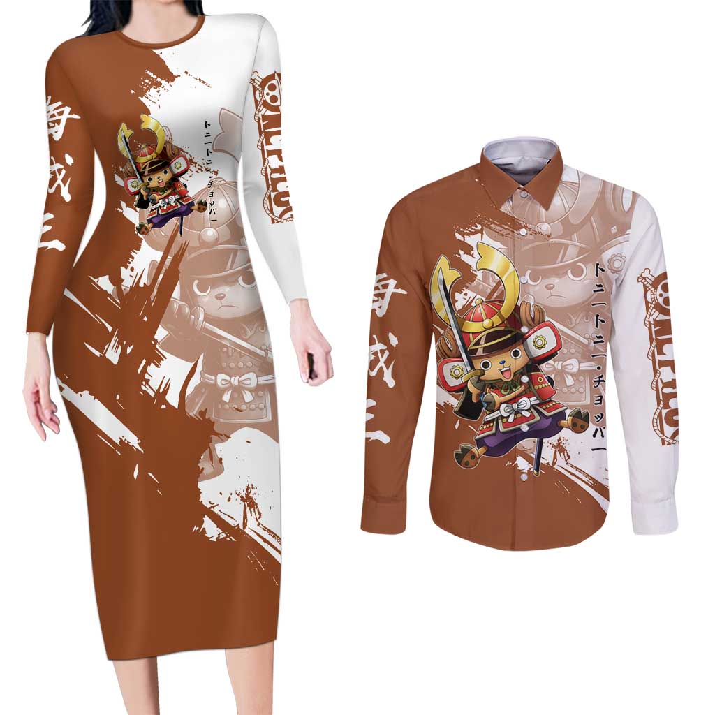 Tony Tony Chopper in Samurai Armor Couples Matching Long Sleeve Bodycon Dress and Long Sleeve Button Shirt Wano-Inspired Chibi Warrior Style
