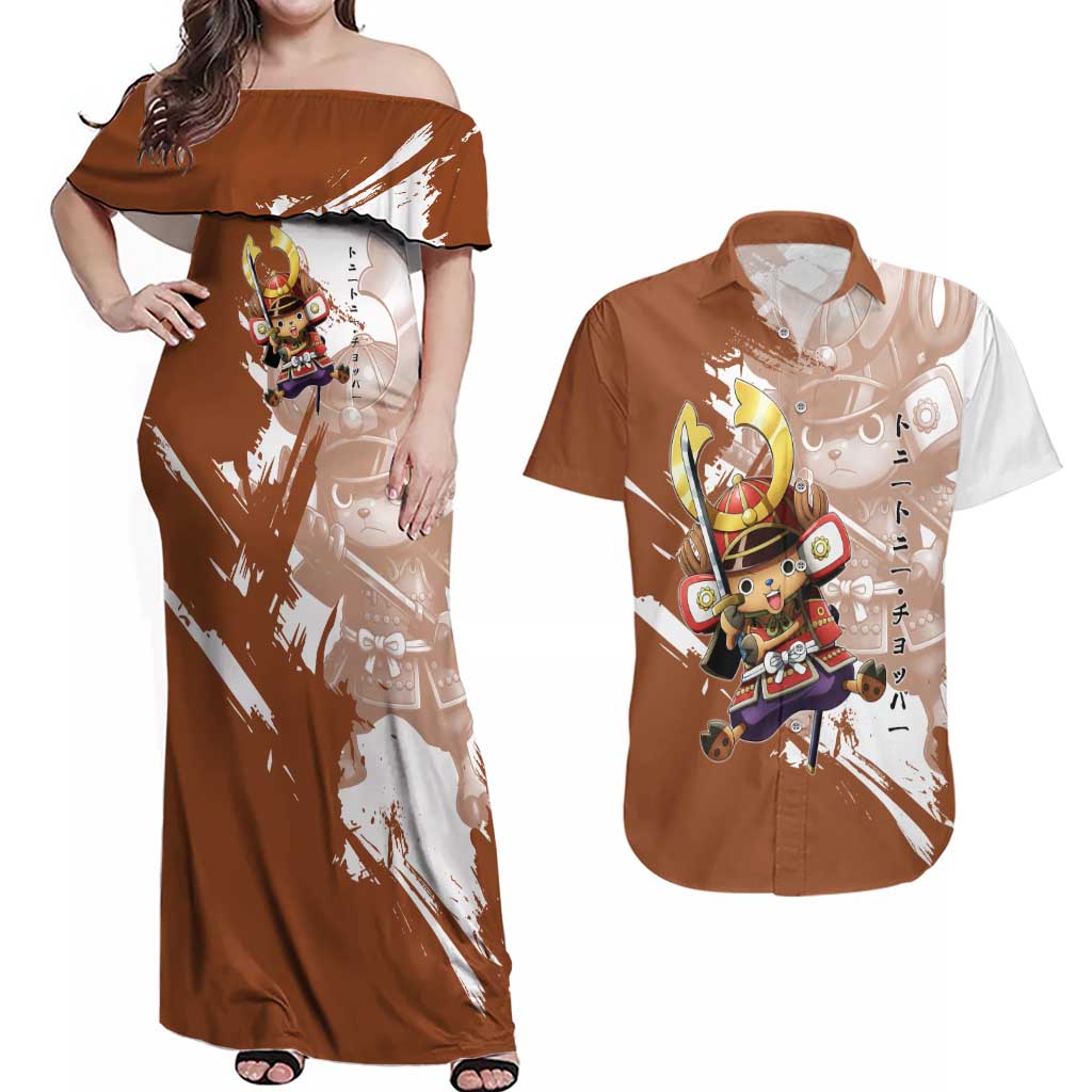 Tony Tony Chopper in Samurai Armor Couples Matching Off Shoulder Maxi Dress and Hawaiian Shirt Wano-Inspired Chibi Warrior Style