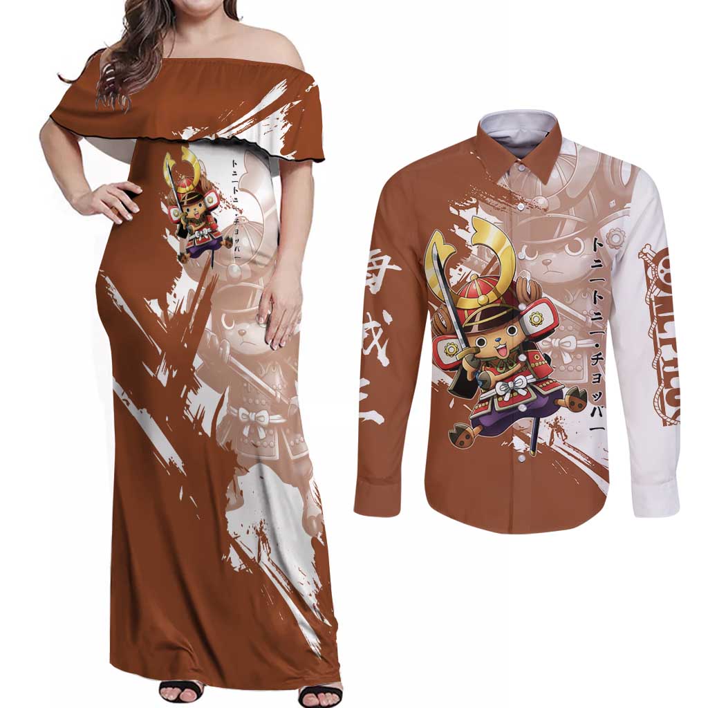 Tony Tony Chopper in Samurai Armor Couples Matching Off Shoulder Maxi Dress and Long Sleeve Button Shirt Wano-Inspired Chibi Warrior Style