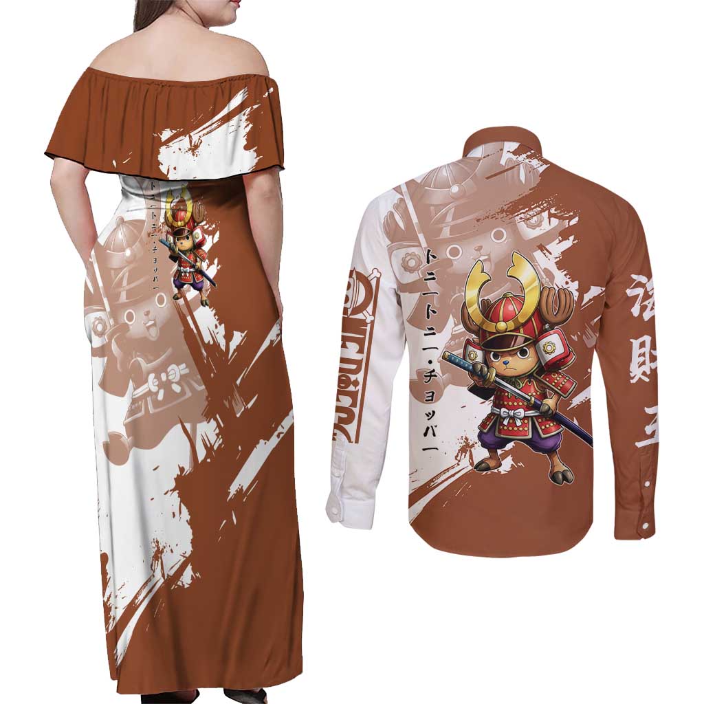 Tony Tony Chopper in Samurai Armor Couples Matching Off Shoulder Maxi Dress and Long Sleeve Button Shirt Wano-Inspired Chibi Warrior Style