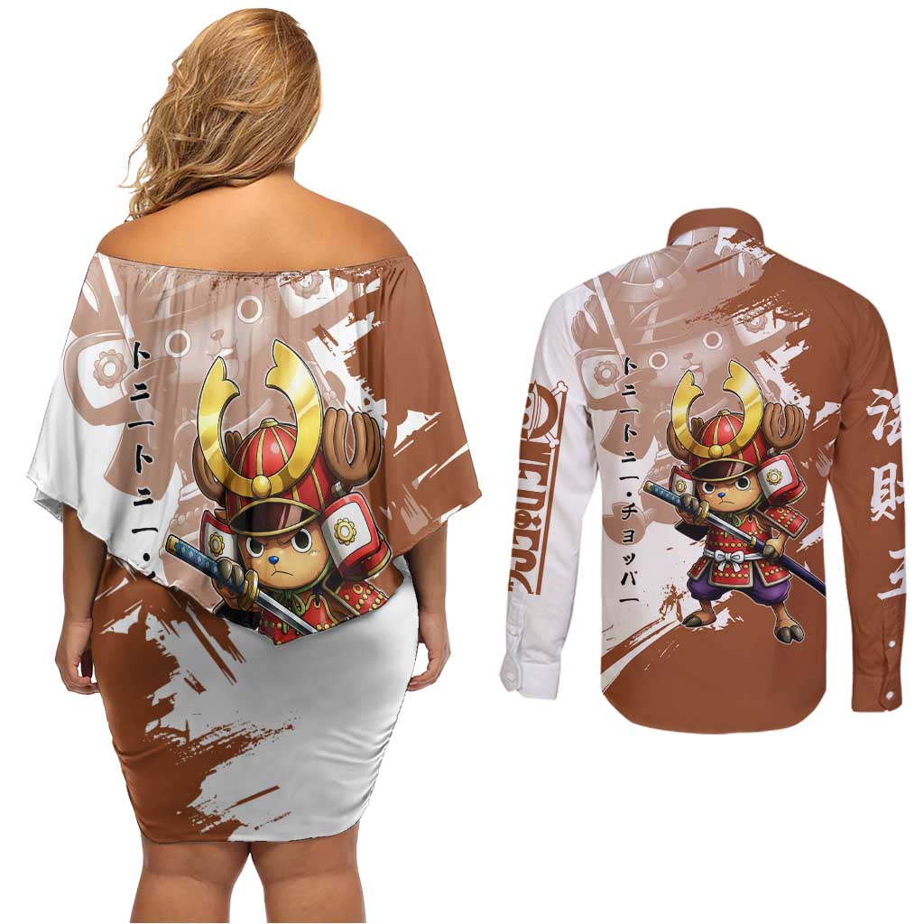 Tony Tony Chopper in Samurai Armor Couples Matching Off Shoulder Short Dress and Long Sleeve Button Shirt Wano-Inspired Chibi Warrior Style