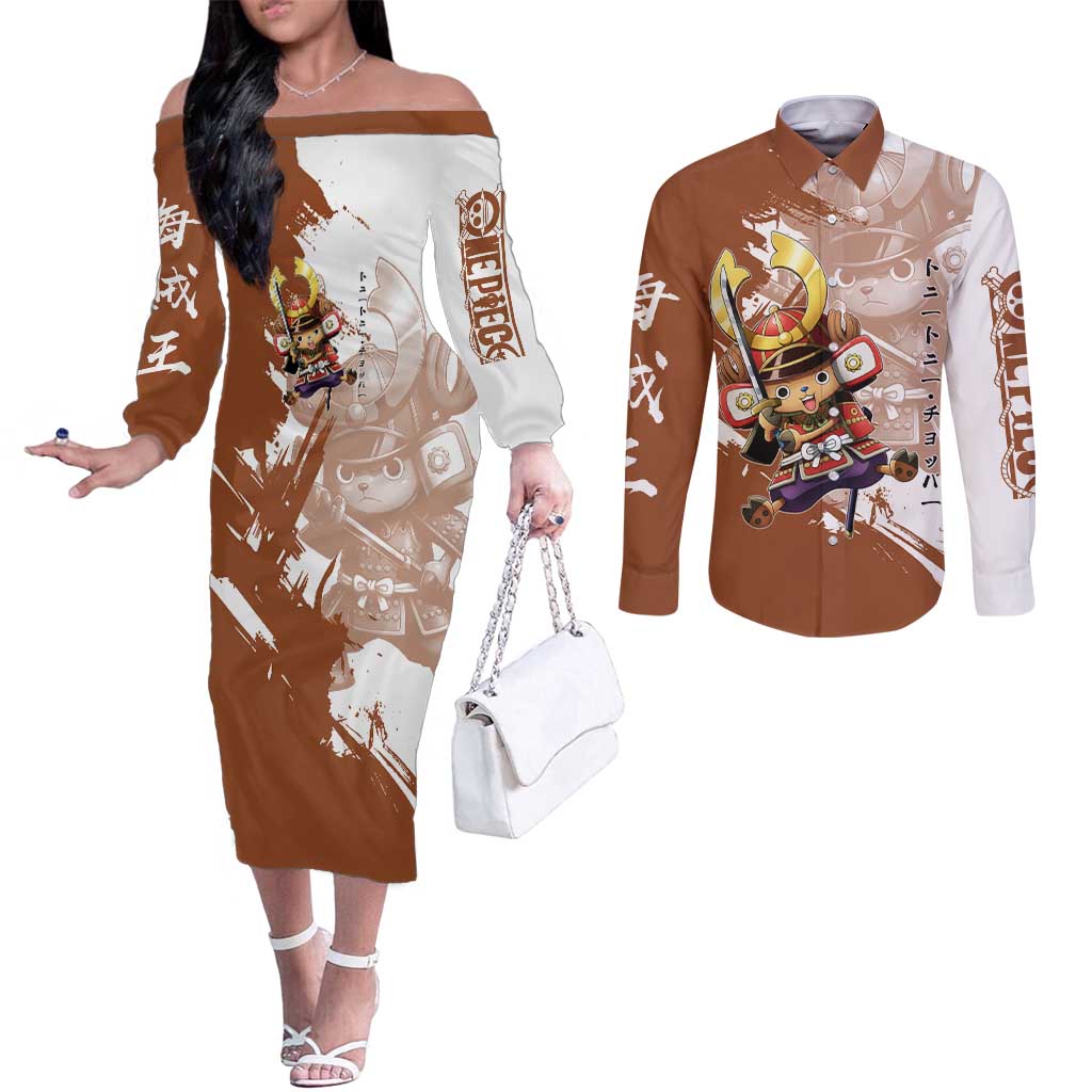 Tony Tony Chopper in Samurai Armor Couples Matching Off The Shoulder Long Sleeve Dress and Long Sleeve Button Shirt Wano-Inspired Chibi Warrior Style