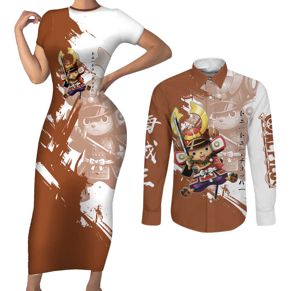Tony Tony Chopper in Samurai Armor Couples Matching Short Sleeve Bodycon Dress and Long Sleeve Button Shirt Wano-Inspired Chibi Warrior Style