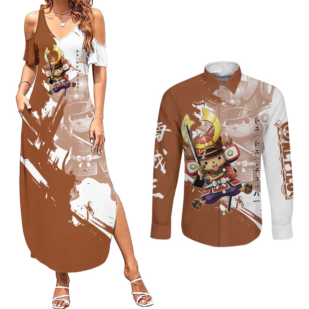 Tony Tony Chopper in Samurai Armor Couples Matching Summer Maxi Dress and Long Sleeve Button Shirt Wano-Inspired Chibi Warrior Style