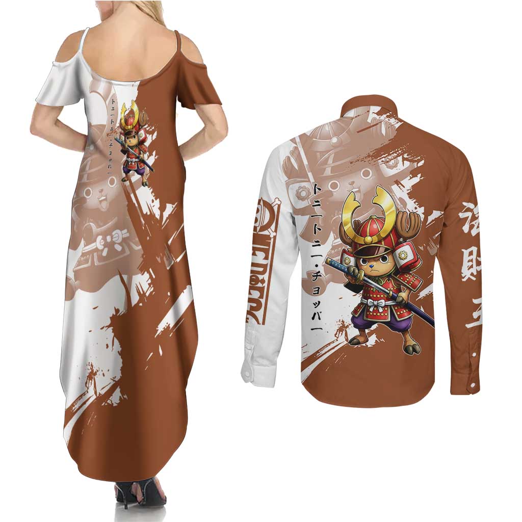 Tony Tony Chopper in Samurai Armor Couples Matching Summer Maxi Dress and Long Sleeve Button Shirt Wano-Inspired Chibi Warrior Style