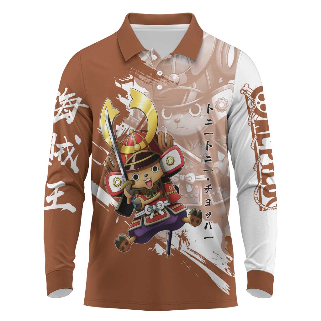 Tony Tony Chopper in Samurai Armor Long Sleeve Polo Shirt Wano-Inspired Chibi Warrior Style