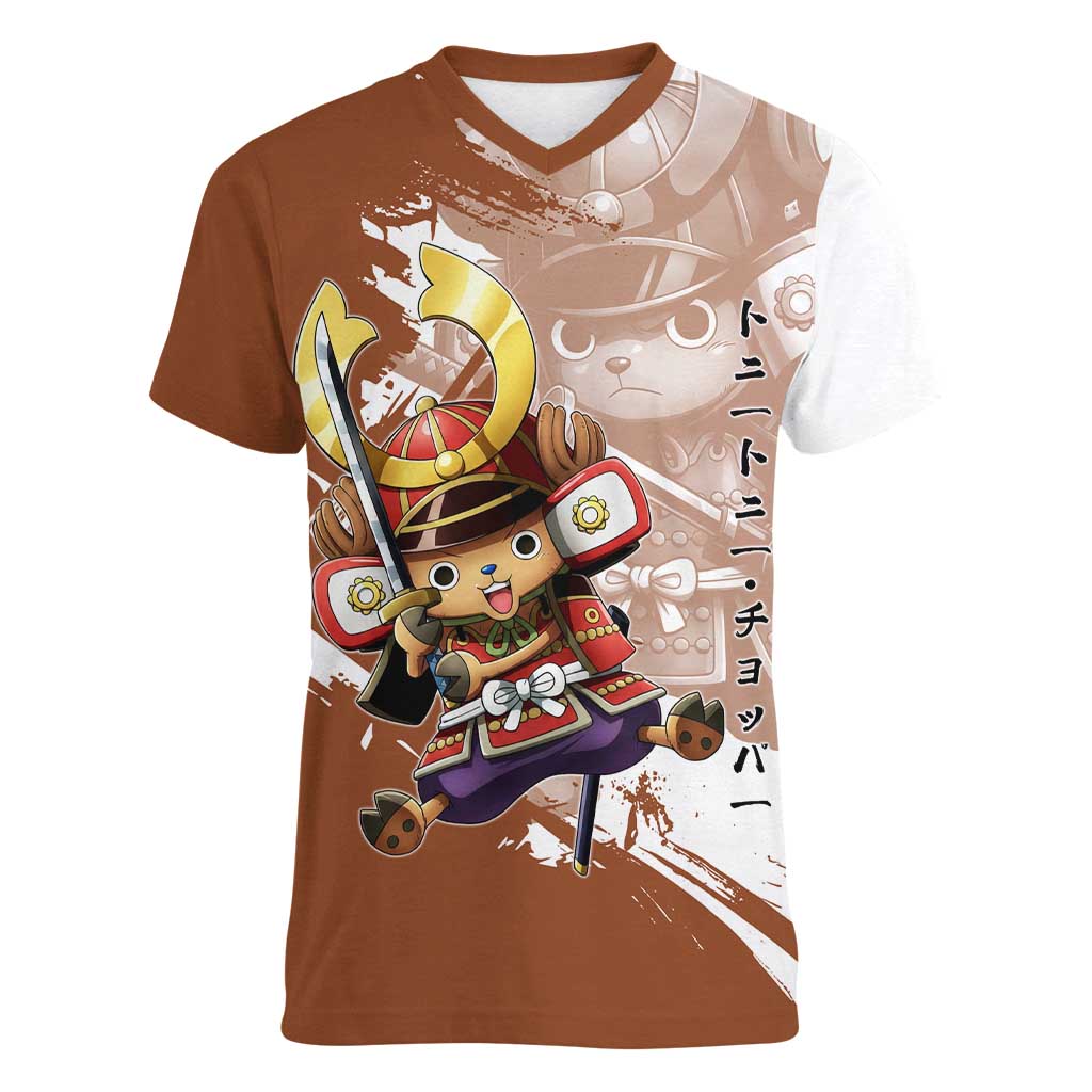 Tony Tony Chopper in Samurai Armor Women V-Neck T-Shirt Wano-Inspired Chibi Warrior Style