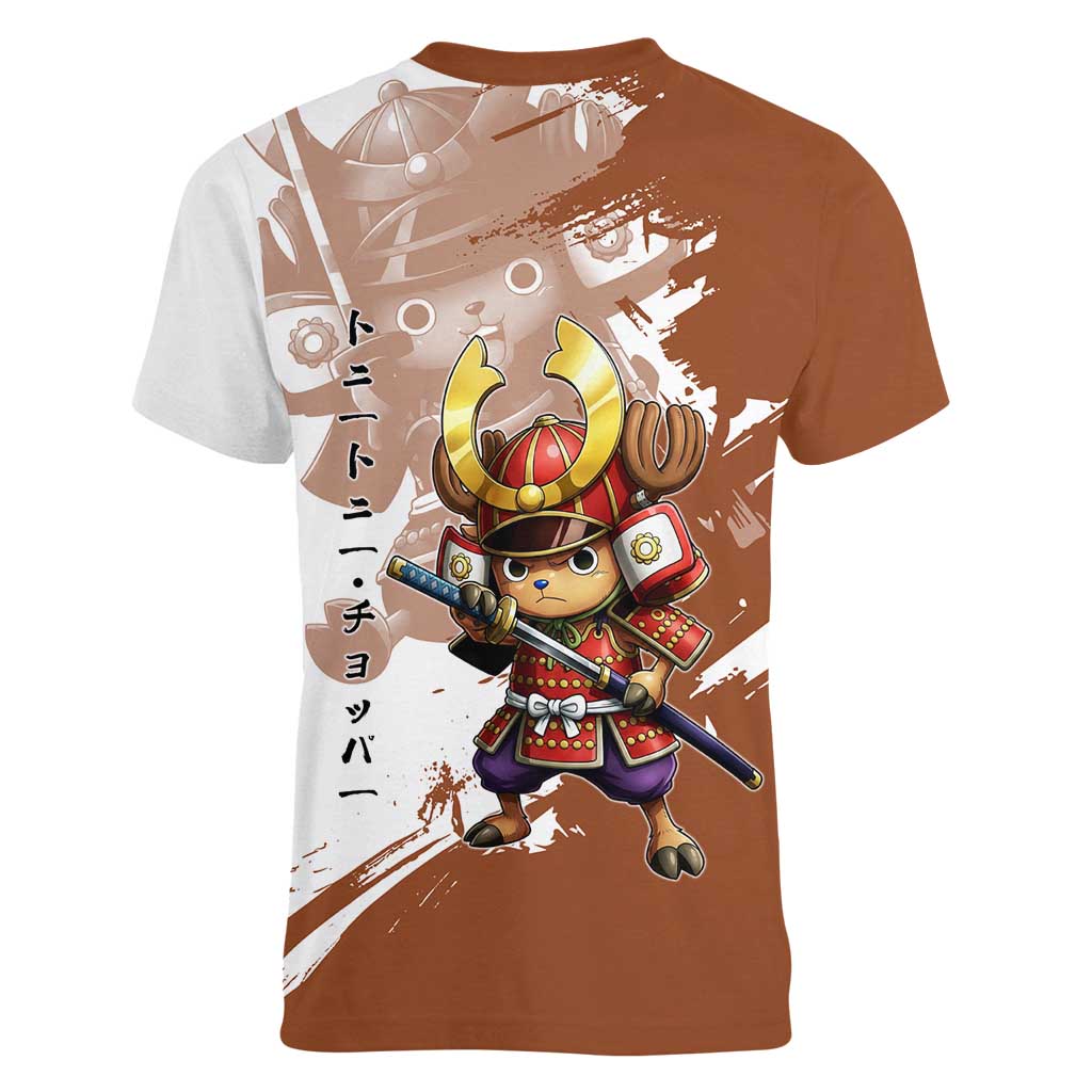 Tony Tony Chopper in Samurai Armor Women V-Neck T-Shirt Wano-Inspired Chibi Warrior Style