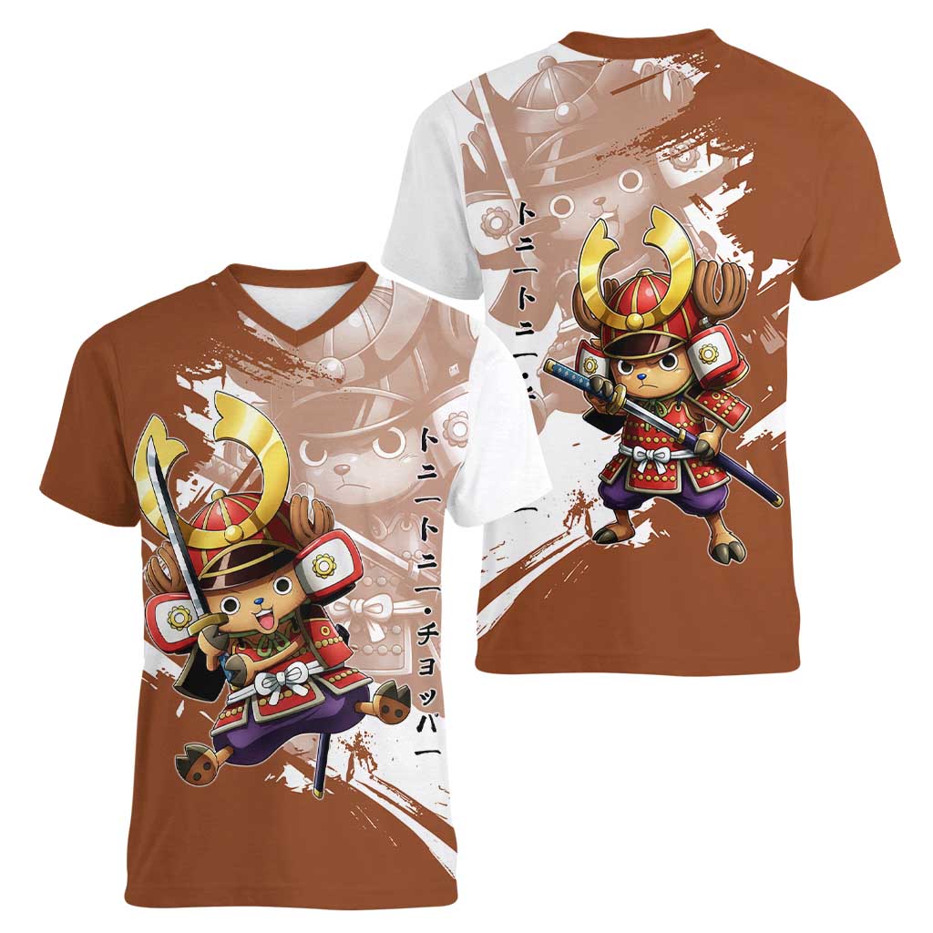 Tony Tony Chopper in Samurai Armor Women V-Neck T-Shirt Wano-Inspired Chibi Warrior Style