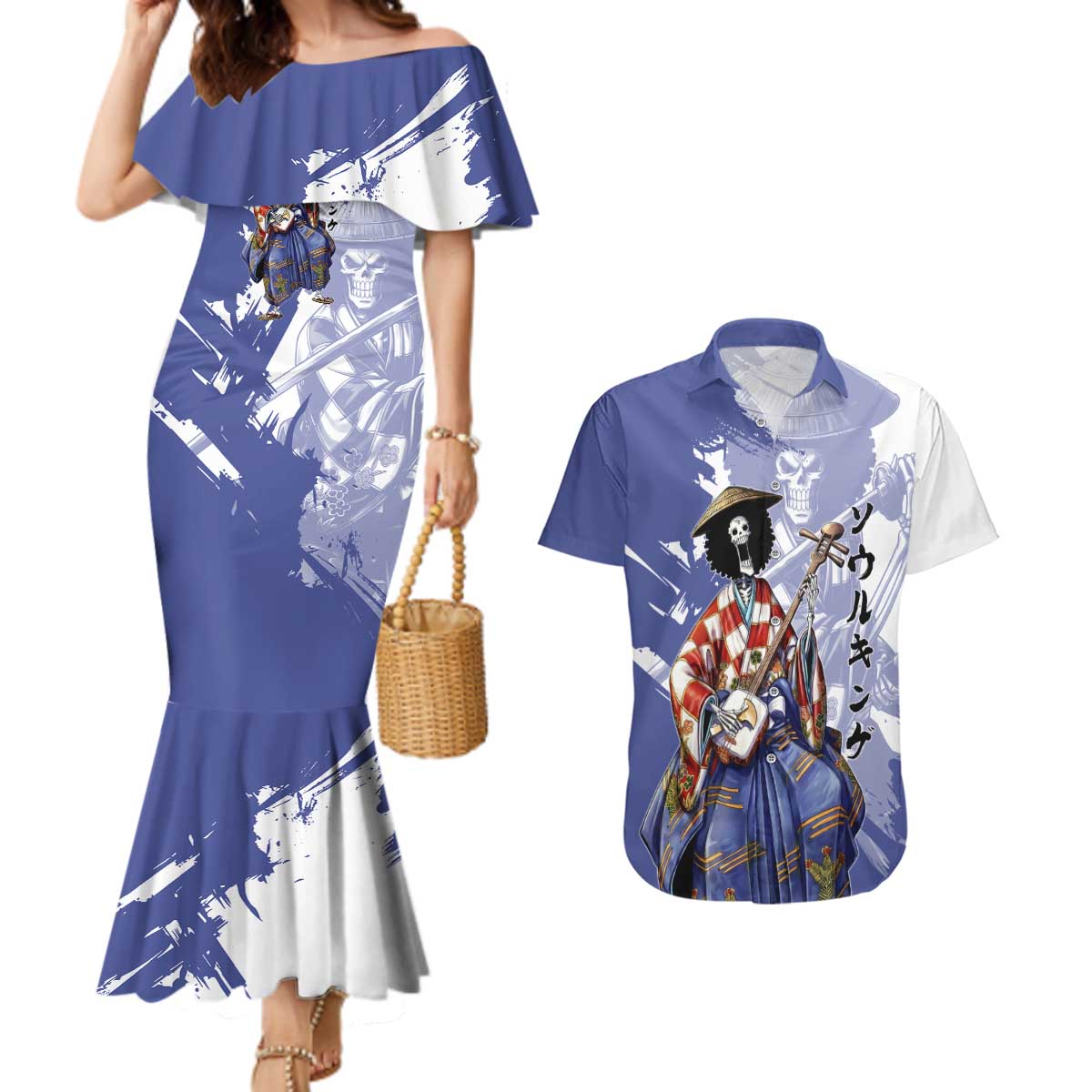 Brook in Wano Samurai Attire Couples Matching Mermaid Dress and Hawaiian Shirt Soul King Brook - Traditional Japanese Style