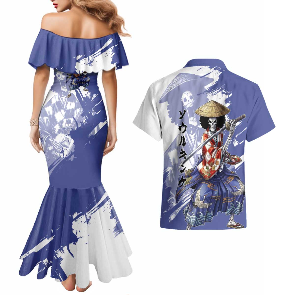 Brook in Wano Samurai Attire Couples Matching Mermaid Dress and Hawaiian Shirt Soul King Brook - Traditional Japanese Style