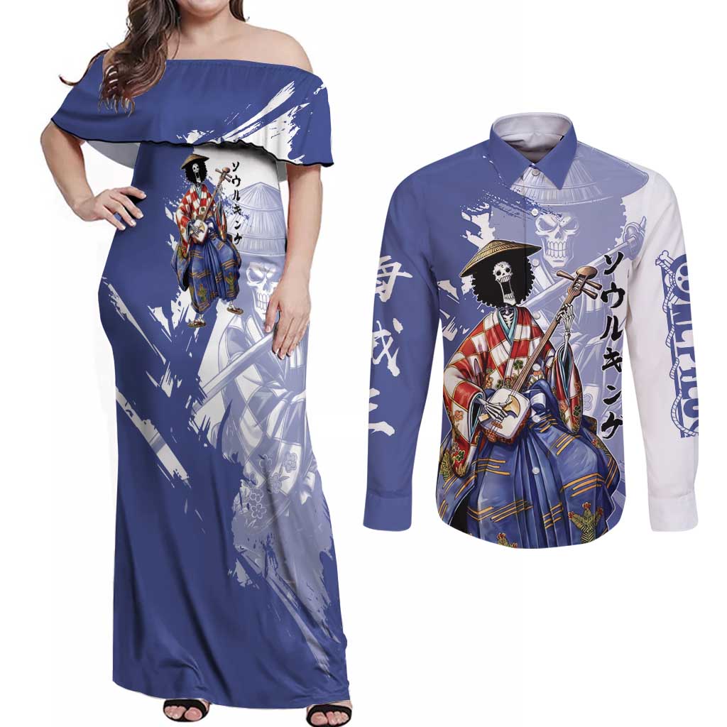 Brook in Wano Samurai Attire Couples Matching Off Shoulder Maxi Dress and Long Sleeve Button Shirt Soul King Brook - Traditional Japanese Style