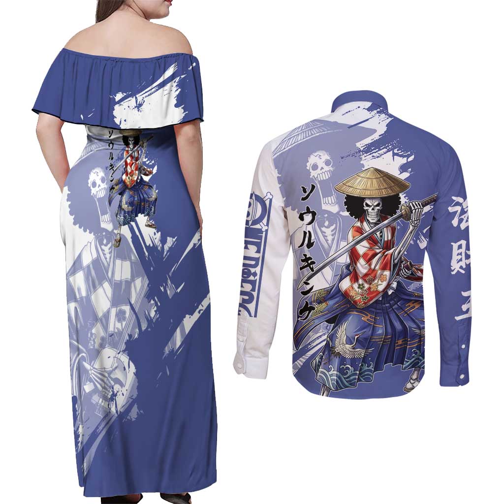 Brook in Wano Samurai Attire Couples Matching Off Shoulder Maxi Dress and Long Sleeve Button Shirt Soul King Brook - Traditional Japanese Style