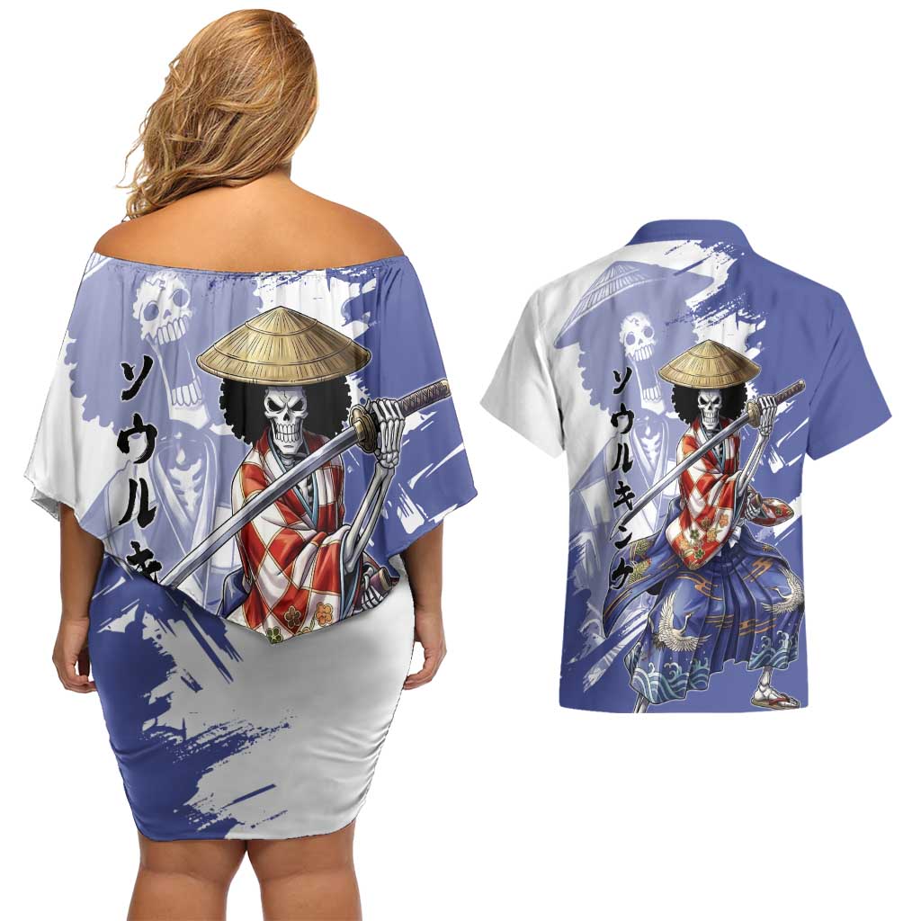 Brook in Wano Samurai Attire Couples Matching Off Shoulder Short Dress and Hawaiian Shirt Soul King Brook - Traditional Japanese Style