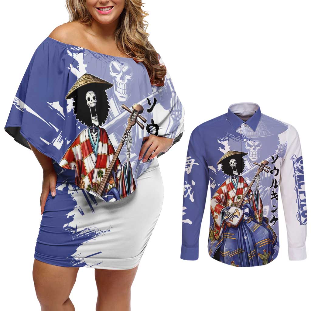 Brook in Wano Samurai Attire Couples Matching Off Shoulder Short Dress and Long Sleeve Button Shirt Soul King Brook - Traditional Japanese Style