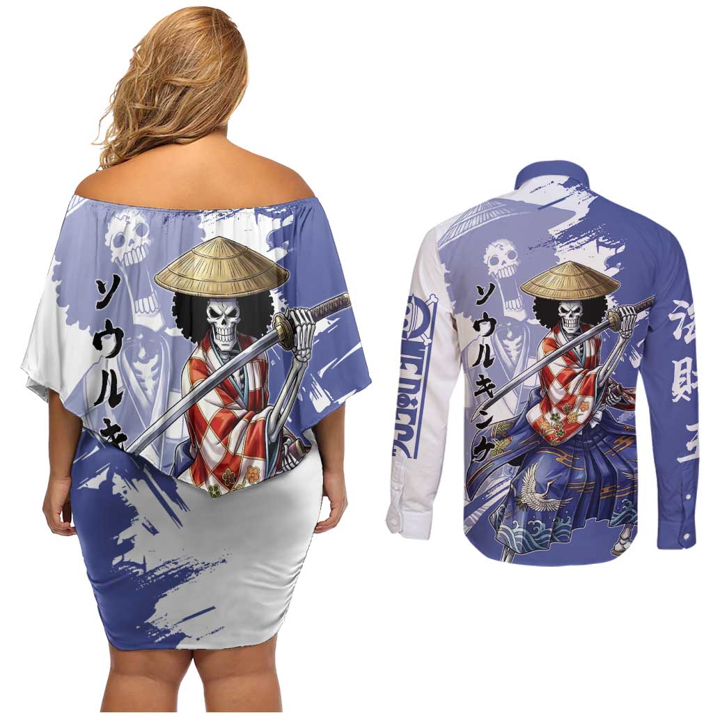 Brook in Wano Samurai Attire Couples Matching Off Shoulder Short Dress and Long Sleeve Button Shirt Soul King Brook - Traditional Japanese Style