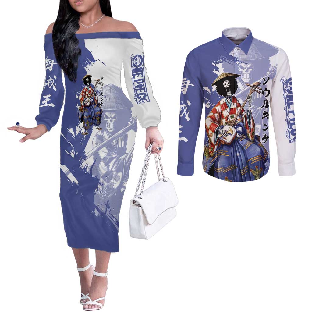 Brook in Wano Samurai Attire Couples Matching Off The Shoulder Long Sleeve Dress and Long Sleeve Button Shirt Soul King Brook - Traditional Japanese Style
