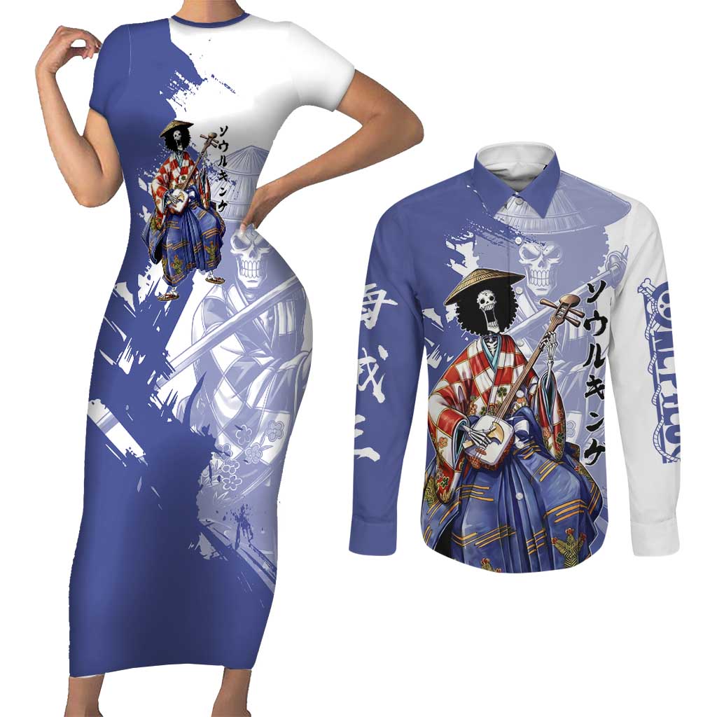 Brook in Wano Samurai Attire Couples Matching Short Sleeve Bodycon Dress and Long Sleeve Button Shirt Soul King Brook - Traditional Japanese Style