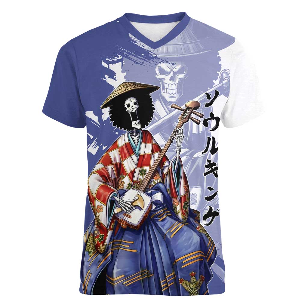 Brook in Wano Samurai Attire Women V-Neck T-Shirt Soul King Brook - Traditional Japanese Style