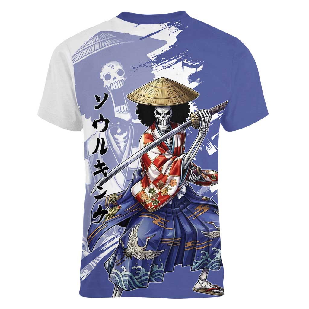 Brook in Wano Samurai Attire Women V-Neck T-Shirt Soul King Brook - Traditional Japanese Style