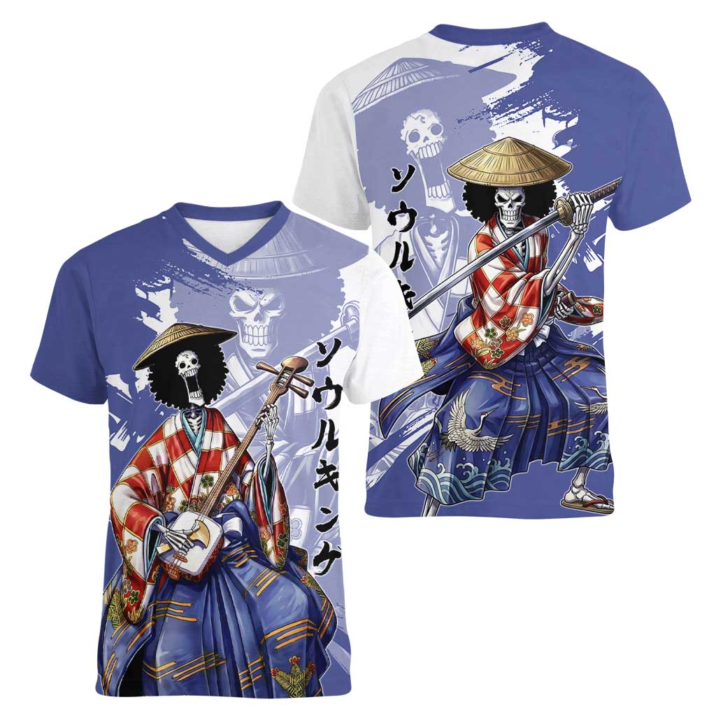 Brook in Wano Samurai Attire Women V-Neck T-Shirt Soul King Brook - Traditional Japanese Style