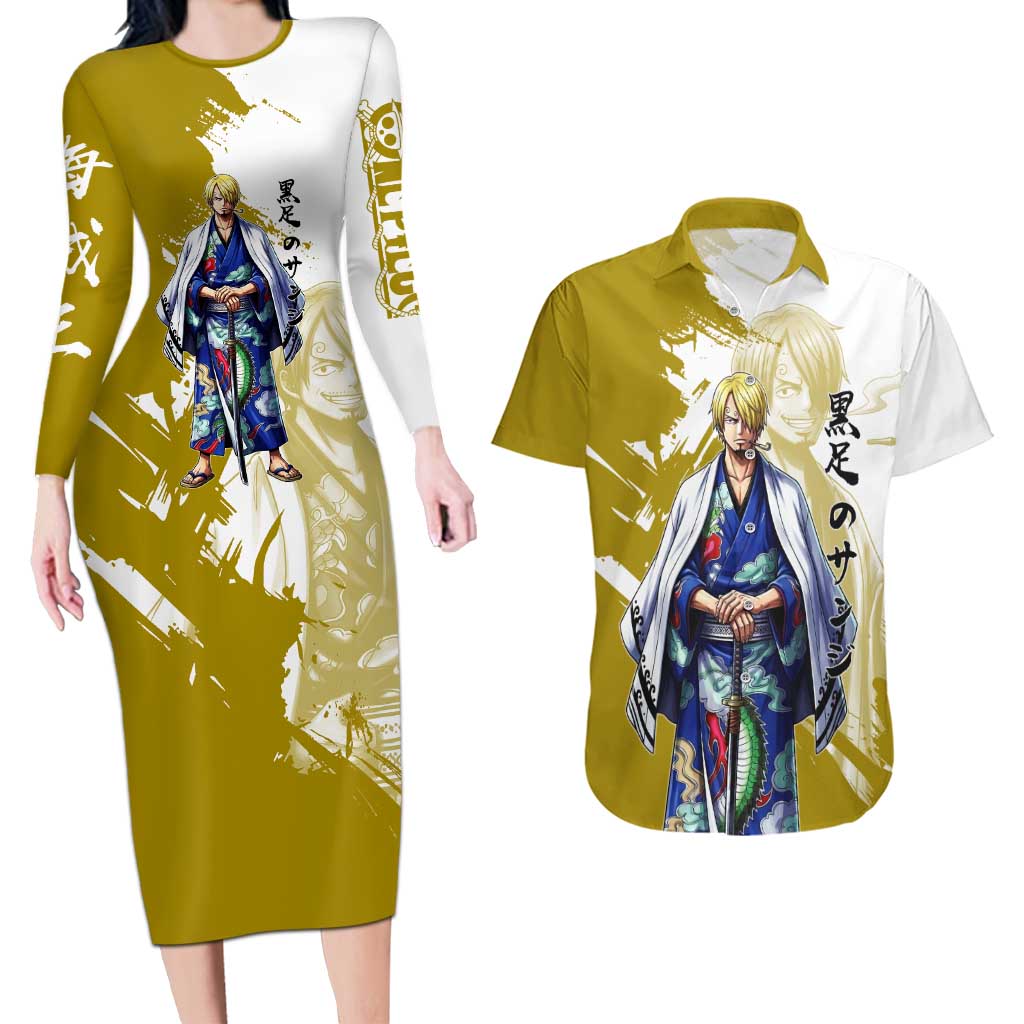 Vinsmoke Sanji - Wano Arc Samurai Style Couples Matching Long Sleeve Bodycon Dress and Hawaiian Shirt Sanji in Traditional Kimono - One Piece Wano Edition