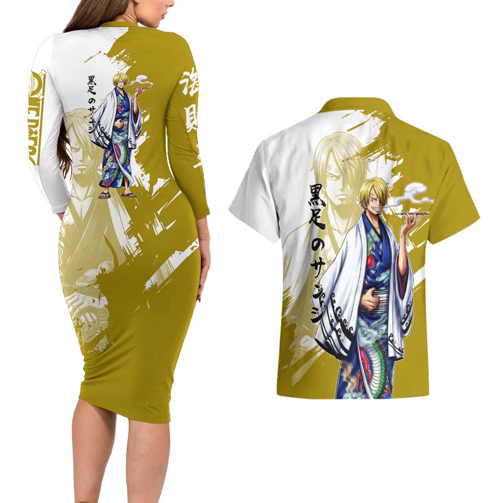 Vinsmoke Sanji - Wano Arc Samurai Style Couples Matching Long Sleeve Bodycon Dress and Hawaiian Shirt Sanji in Traditional Kimono - One Piece Wano Edition