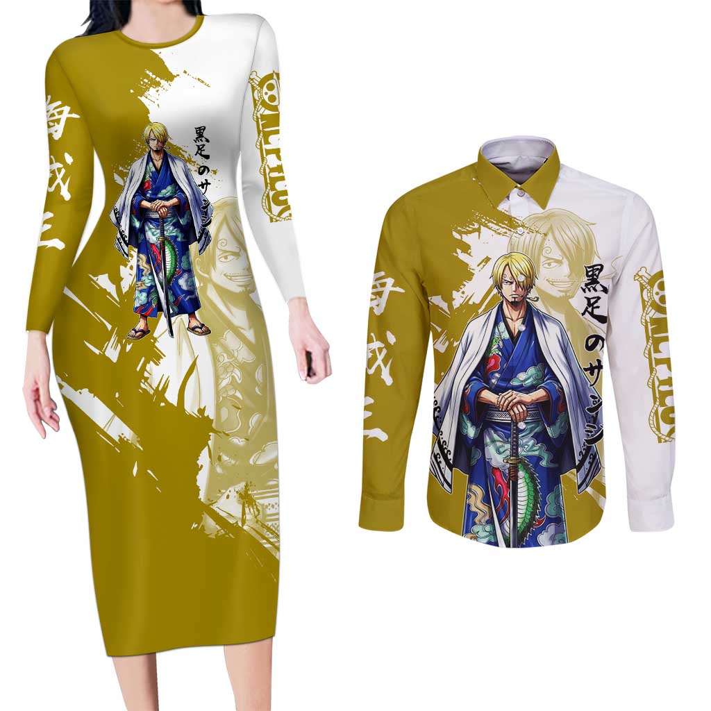 Vinsmoke Sanji - Wano Arc Samurai Style Couples Matching Long Sleeve Bodycon Dress and Long Sleeve Button Shirt Sanji in Traditional Kimono - One Piece Wano Edition