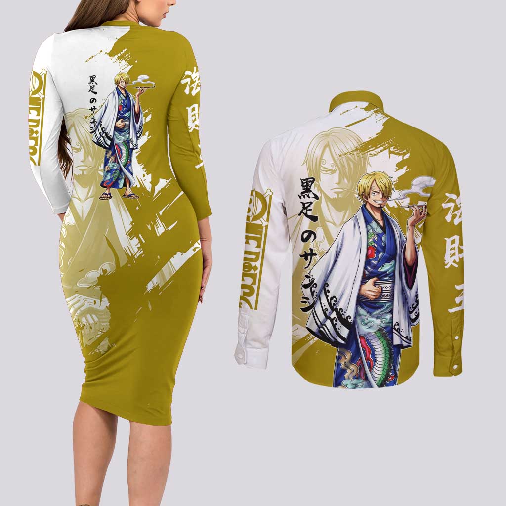 Vinsmoke Sanji - Wano Arc Samurai Style Couples Matching Long Sleeve Bodycon Dress and Long Sleeve Button Shirt Sanji in Traditional Kimono - One Piece Wano Edition