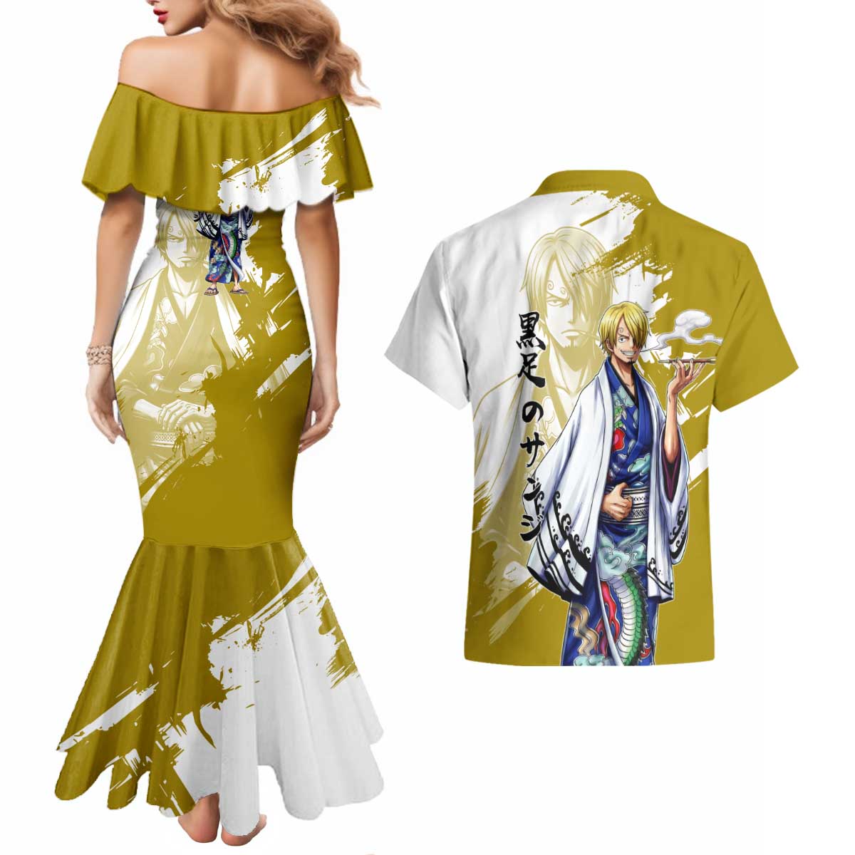 Vinsmoke Sanji - Wano Arc Samurai Style Couples Matching Mermaid Dress and Hawaiian Shirt Sanji in Traditional Kimono - One Piece Wano Edition