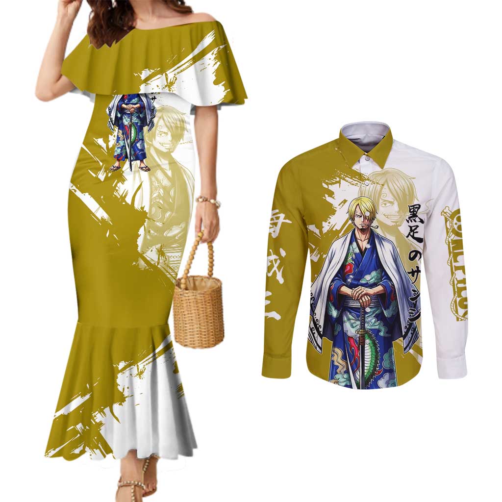 Vinsmoke Sanji - Wano Arc Samurai Style Couples Matching Mermaid Dress and Long Sleeve Button Shirt Sanji in Traditional Kimono - One Piece Wano Edition