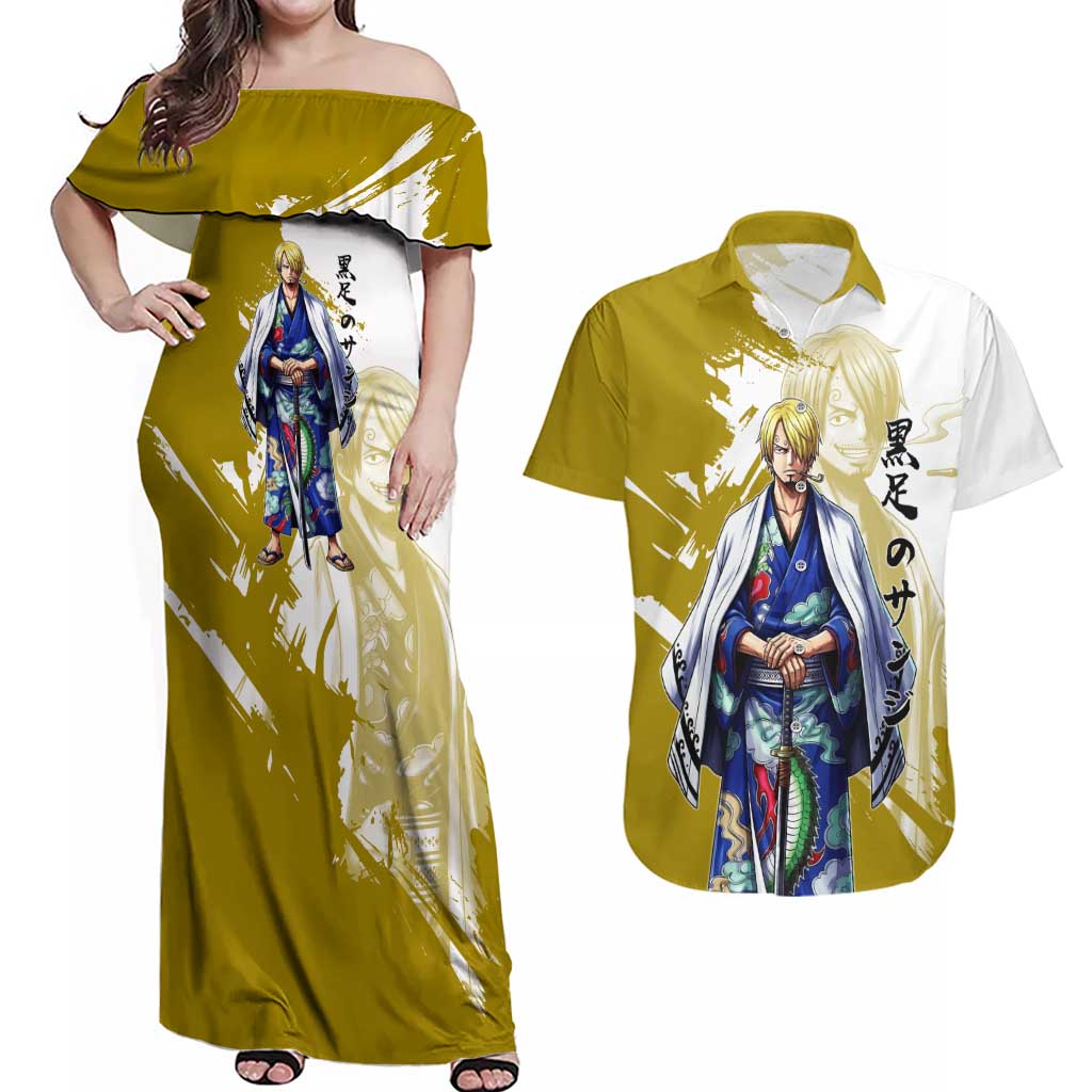Vinsmoke Sanji - Wano Arc Samurai Style Couples Matching Off Shoulder Maxi Dress and Hawaiian Shirt Sanji in Traditional Kimono - One Piece Wano Edition