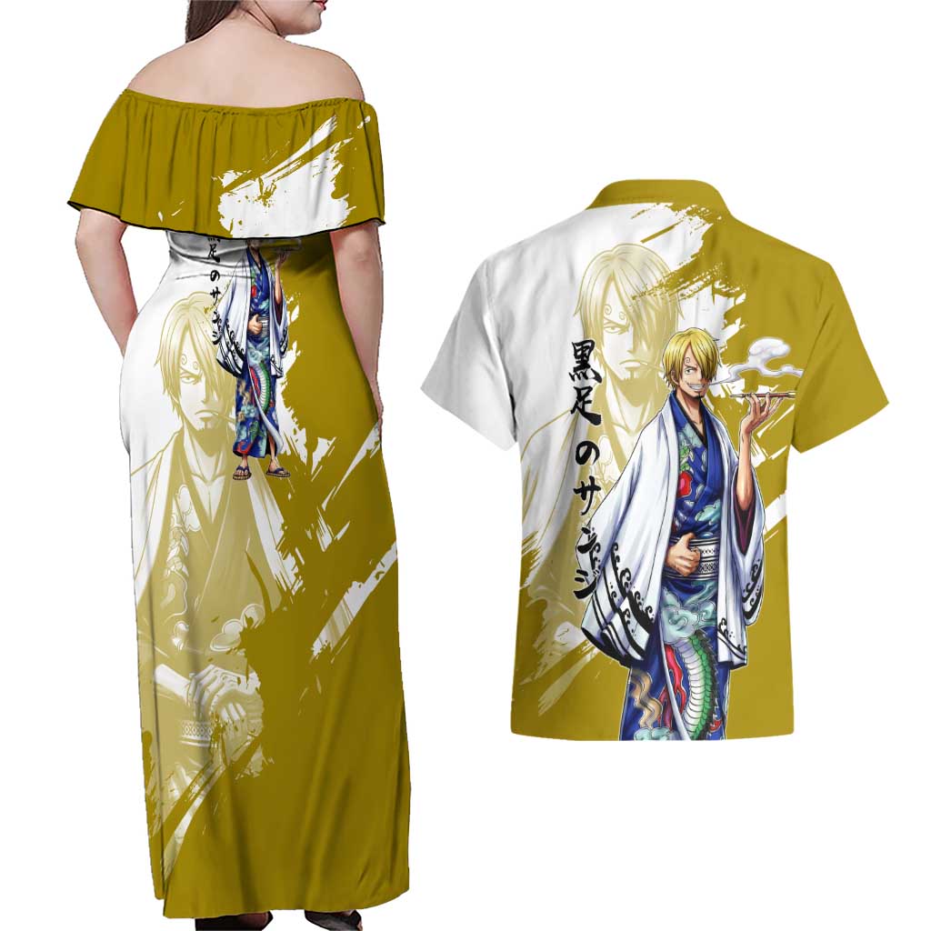 Vinsmoke Sanji - Wano Arc Samurai Style Couples Matching Off Shoulder Maxi Dress and Hawaiian Shirt Sanji in Traditional Kimono - One Piece Wano Edition