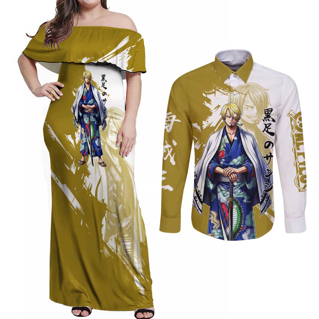Vinsmoke Sanji - Wano Arc Samurai Style Couples Matching Off Shoulder Maxi Dress and Long Sleeve Button Shirt Sanji in Traditional Kimono - One Piece Wano Edition