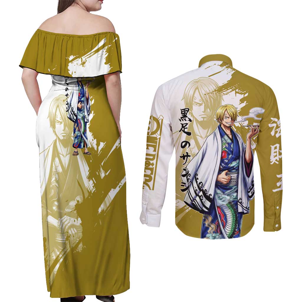 Vinsmoke Sanji - Wano Arc Samurai Style Couples Matching Off Shoulder Maxi Dress and Long Sleeve Button Shirt Sanji in Traditional Kimono - One Piece Wano Edition