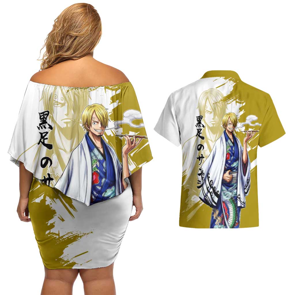 Vinsmoke Sanji - Wano Arc Samurai Style Couples Matching Off Shoulder Short Dress and Hawaiian Shirt Sanji in Traditional Kimono - One Piece Wano Edition