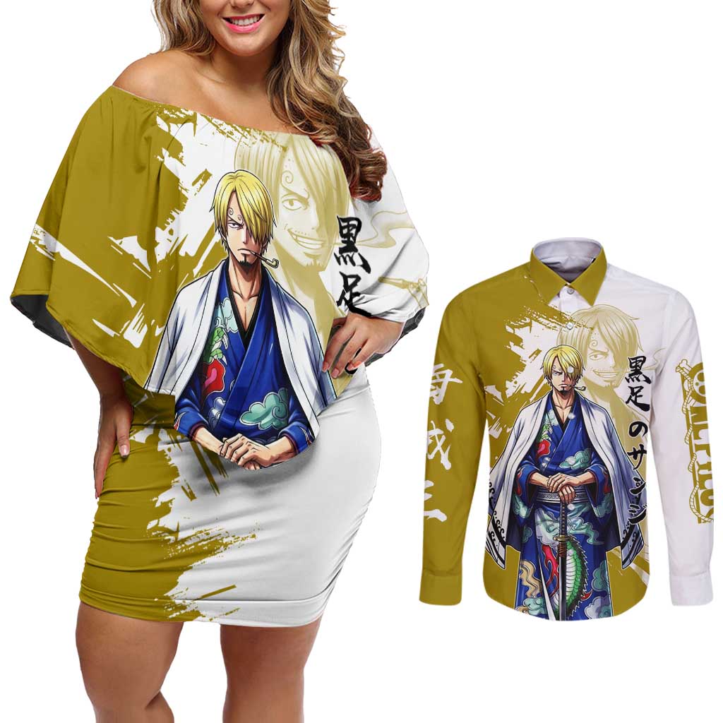 Vinsmoke Sanji - Wano Arc Samurai Style Couples Matching Off Shoulder Short Dress and Long Sleeve Button Shirt Sanji in Traditional Kimono - One Piece Wano Edition