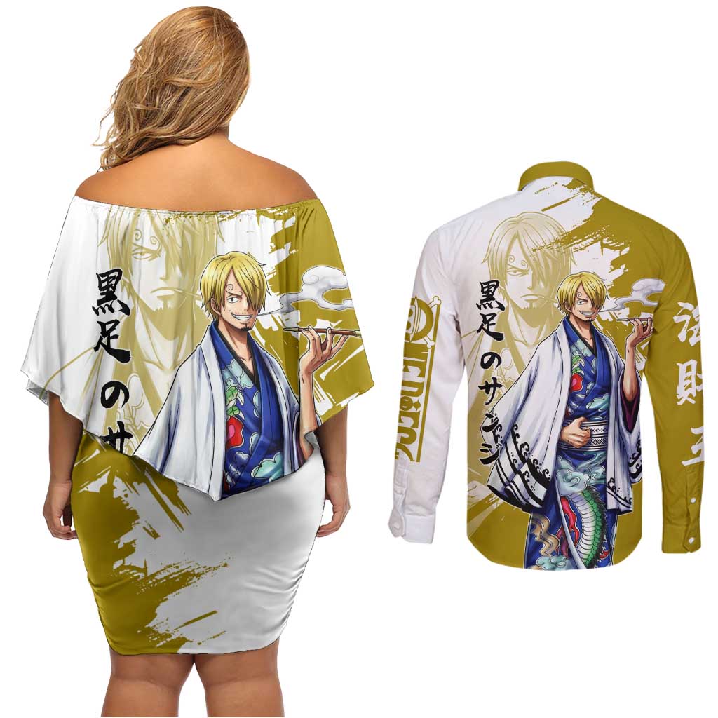 Vinsmoke Sanji - Wano Arc Samurai Style Couples Matching Off Shoulder Short Dress and Long Sleeve Button Shirt Sanji in Traditional Kimono - One Piece Wano Edition