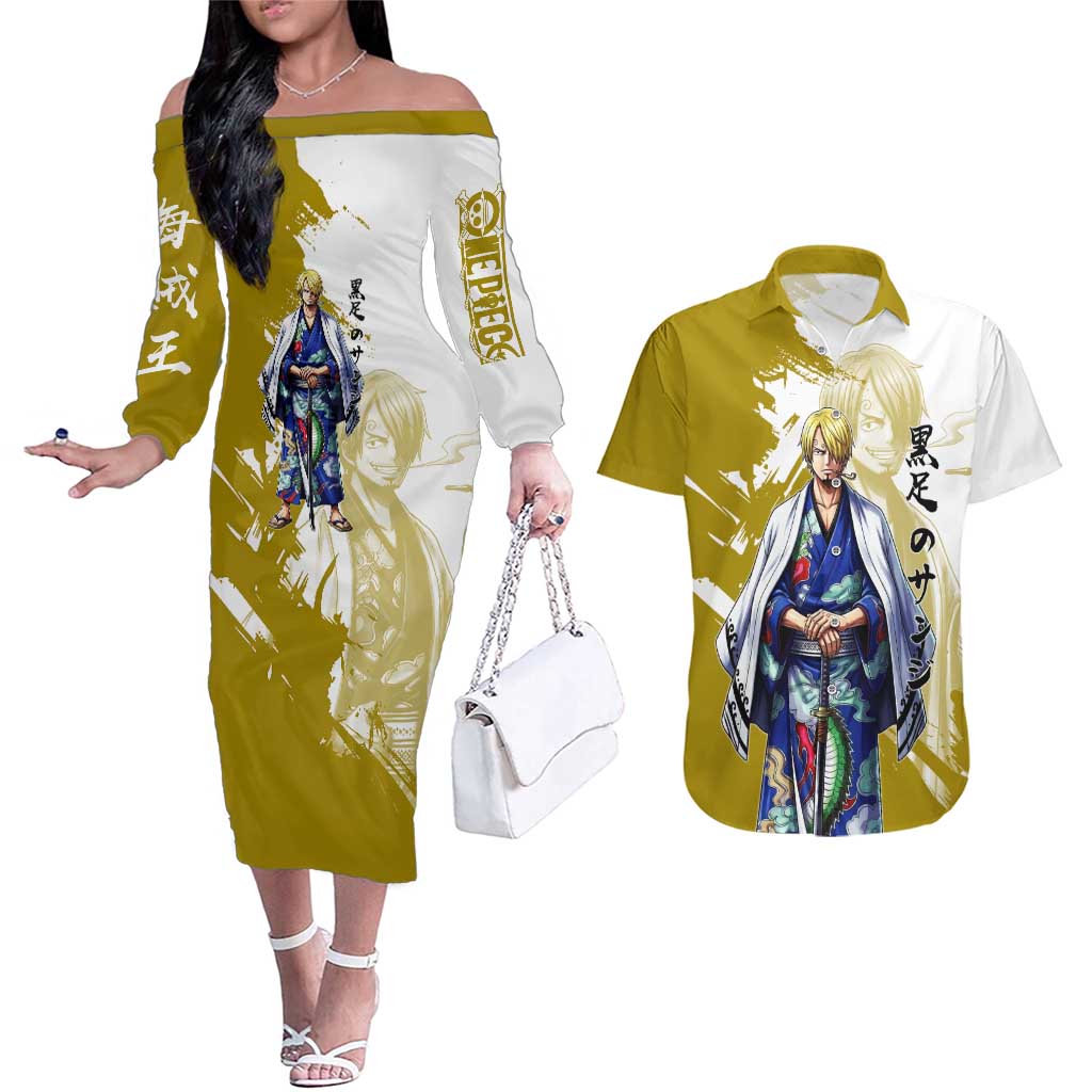 Vinsmoke Sanji - Wano Arc Samurai Style Couples Matching Off The Shoulder Long Sleeve Dress and Hawaiian Shirt Sanji in Traditional Kimono - One Piece Wano Edition