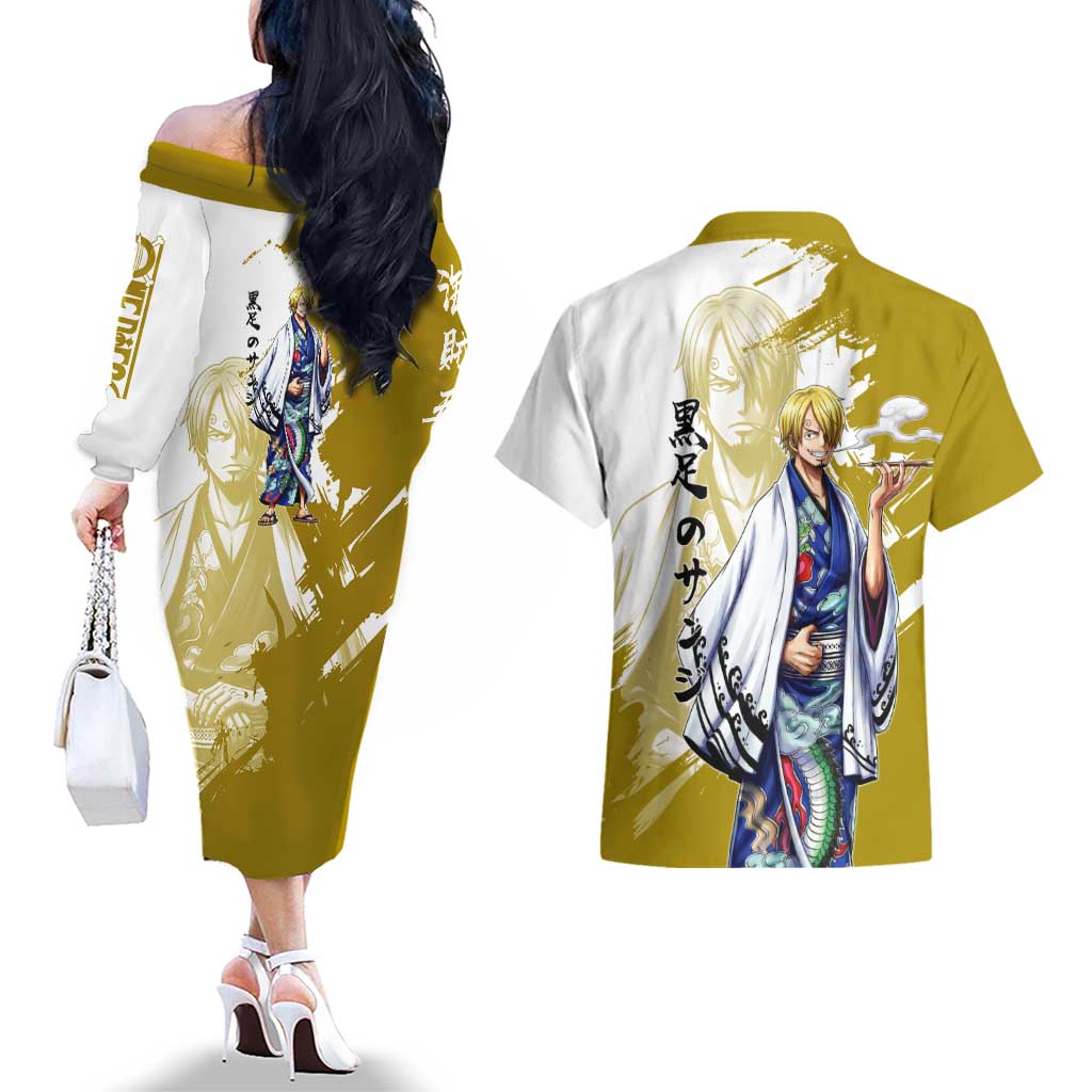 Vinsmoke Sanji - Wano Arc Samurai Style Couples Matching Off The Shoulder Long Sleeve Dress and Hawaiian Shirt Sanji in Traditional Kimono - One Piece Wano Edition