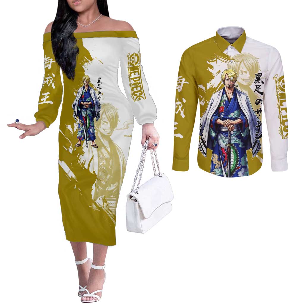 Vinsmoke Sanji - Wano Arc Samurai Style Couples Matching Off The Shoulder Long Sleeve Dress and Long Sleeve Button Shirt Sanji in Traditional Kimono - One Piece Wano Edition