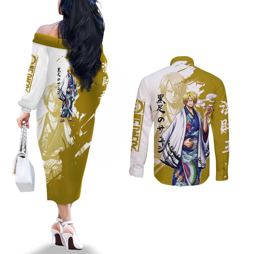 Vinsmoke Sanji - Wano Arc Samurai Style Couples Matching Off The Shoulder Long Sleeve Dress and Long Sleeve Button Shirt Sanji in Traditional Kimono - One Piece Wano Edition