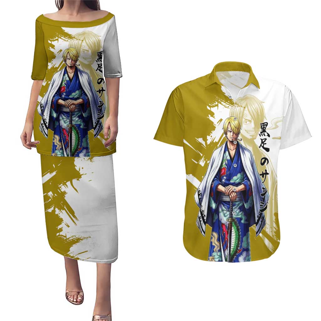 Vinsmoke Sanji - Wano Arc Samurai Style Couples Matching Puletasi and Hawaiian Shirt Sanji in Traditional Kimono - One Piece Wano Edition