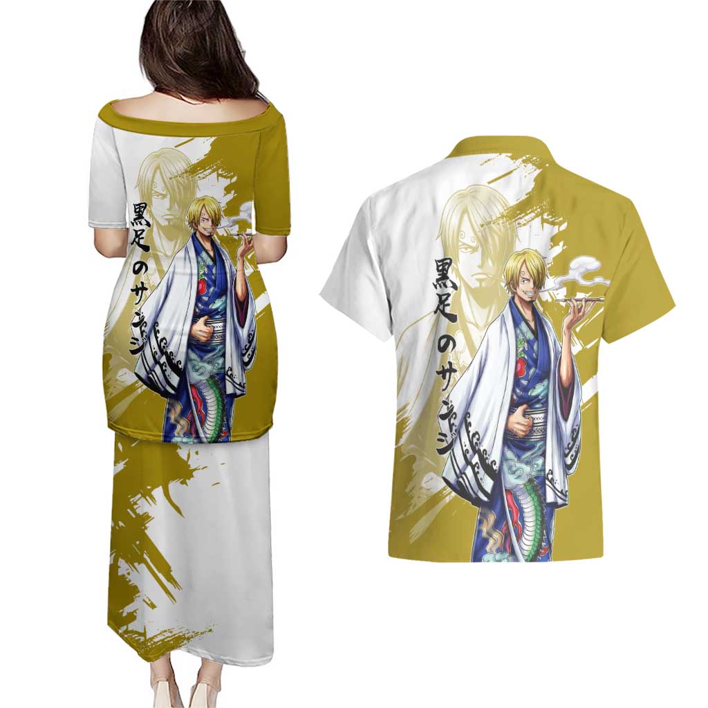 Vinsmoke Sanji - Wano Arc Samurai Style Couples Matching Puletasi and Hawaiian Shirt Sanji in Traditional Kimono - One Piece Wano Edition