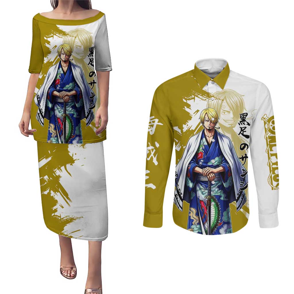 Vinsmoke Sanji - Wano Arc Samurai Style Couples Matching Puletasi and Long Sleeve Button Shirt Sanji in Traditional Kimono - One Piece Wano Edition
