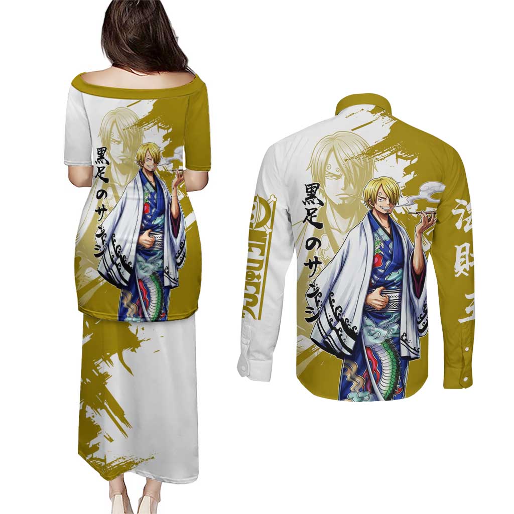 Vinsmoke Sanji - Wano Arc Samurai Style Couples Matching Puletasi and Long Sleeve Button Shirt Sanji in Traditional Kimono - One Piece Wano Edition