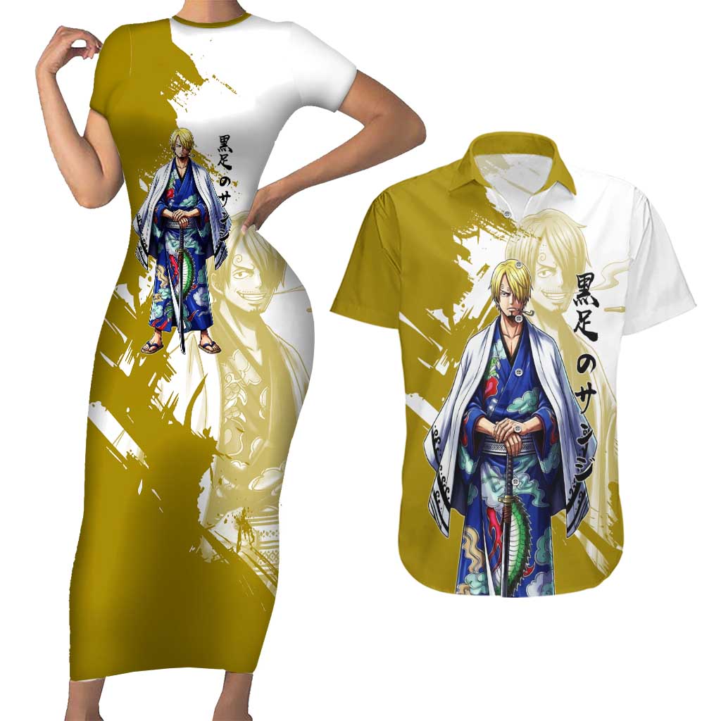 Vinsmoke Sanji - Wano Arc Samurai Style Couples Matching Short Sleeve Bodycon Dress and Hawaiian Shirt Sanji in Traditional Kimono - One Piece Wano Edition