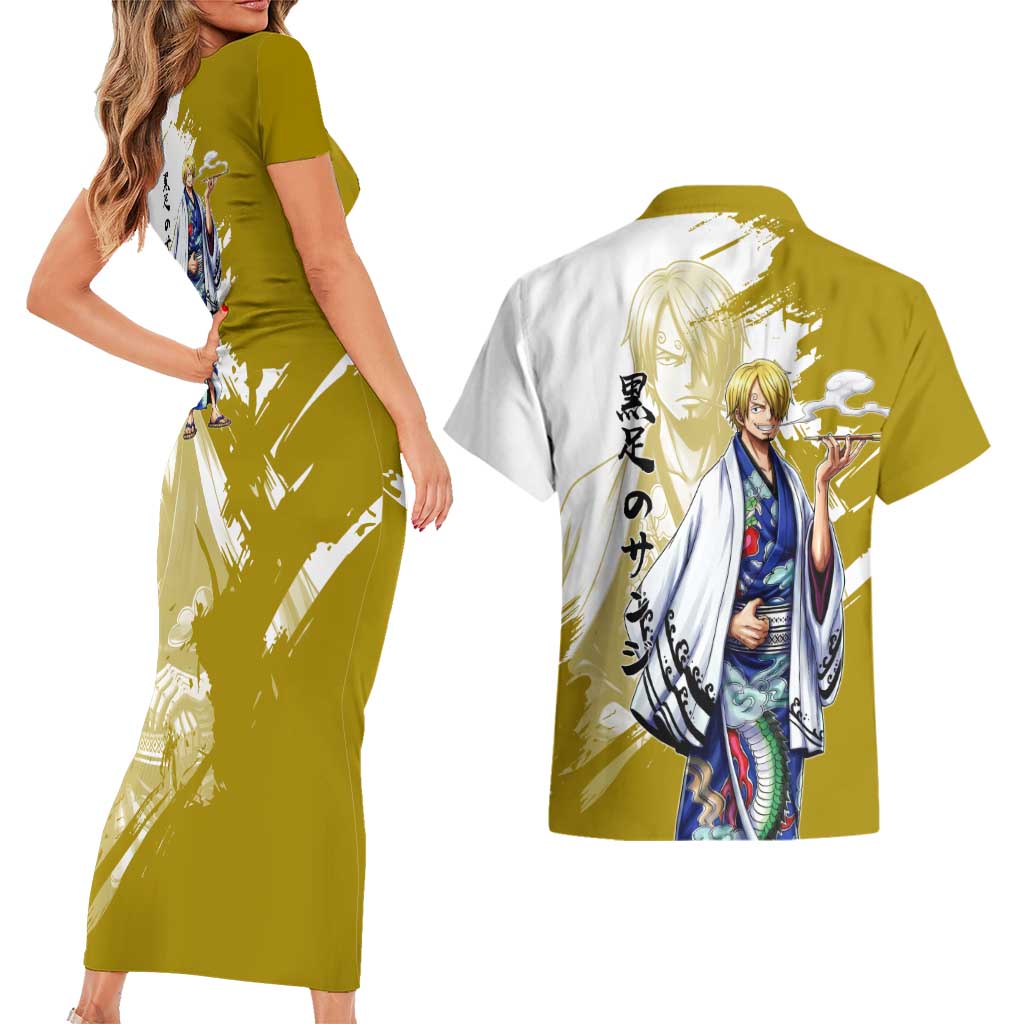 Vinsmoke Sanji - Wano Arc Samurai Style Couples Matching Short Sleeve Bodycon Dress and Hawaiian Shirt Sanji in Traditional Kimono - One Piece Wano Edition