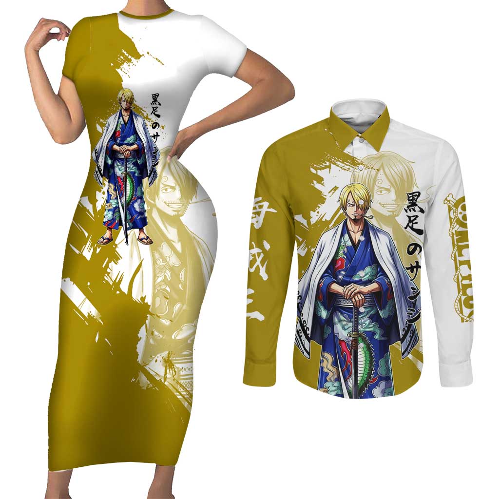Vinsmoke Sanji - Wano Arc Samurai Style Couples Matching Short Sleeve Bodycon Dress and Long Sleeve Button Shirt Sanji in Traditional Kimono - One Piece Wano Edition