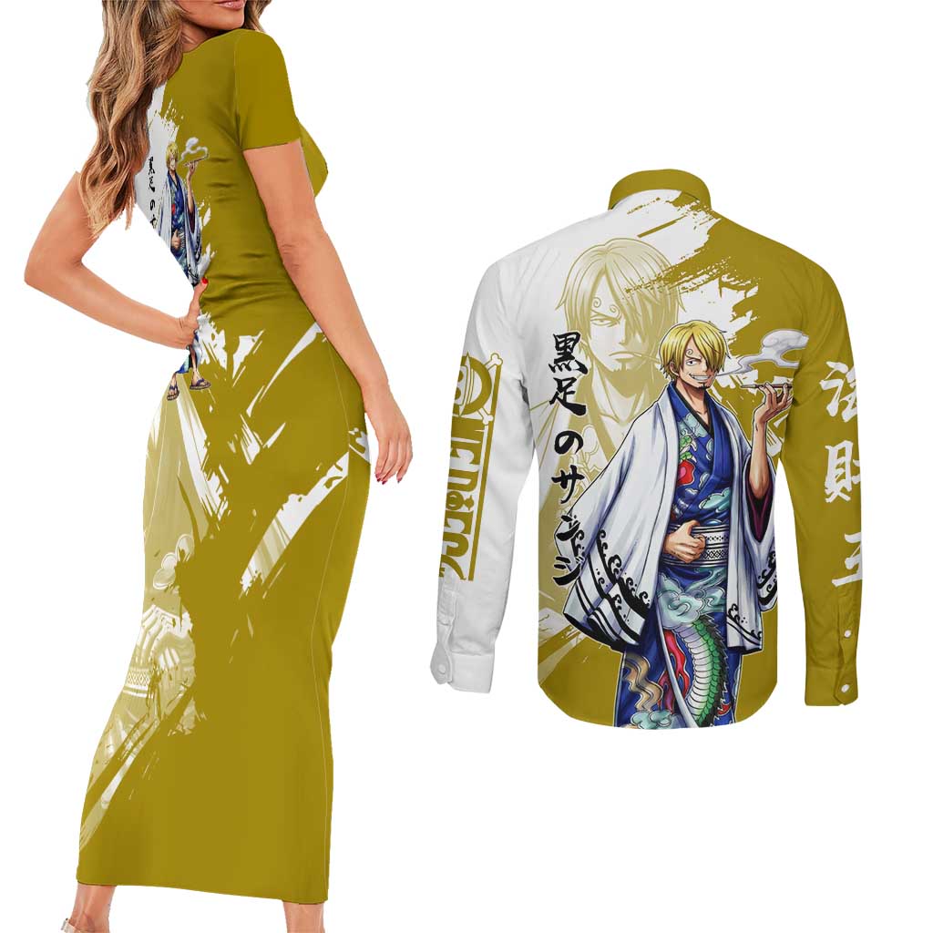 Vinsmoke Sanji - Wano Arc Samurai Style Couples Matching Short Sleeve Bodycon Dress and Long Sleeve Button Shirt Sanji in Traditional Kimono - One Piece Wano Edition
